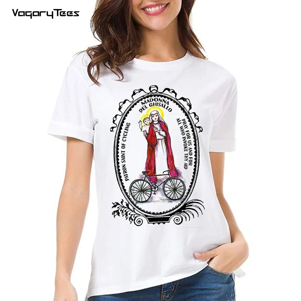 Retro Bless Bikes Madonna Del Ghisallo The Patron Saint of Cycling T-Shirt Women Short Sleeve Girl Tops Bicycle White Tees