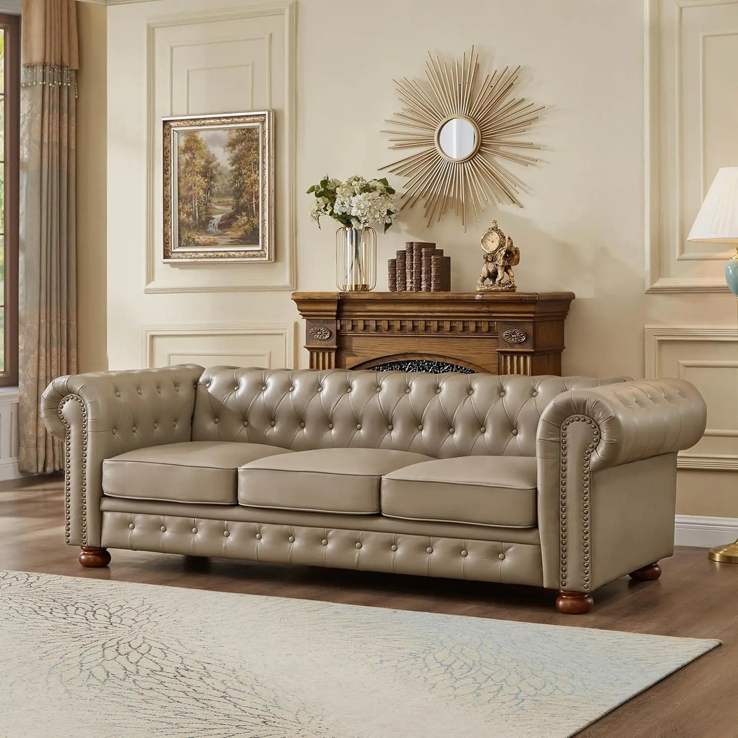 Chesterfield Sofa, 89" Faux Leather Sofa, Upholstered Sofa, Low Back, Rolled Arms Nailhead Trim, Classic 3 Seater Sofa