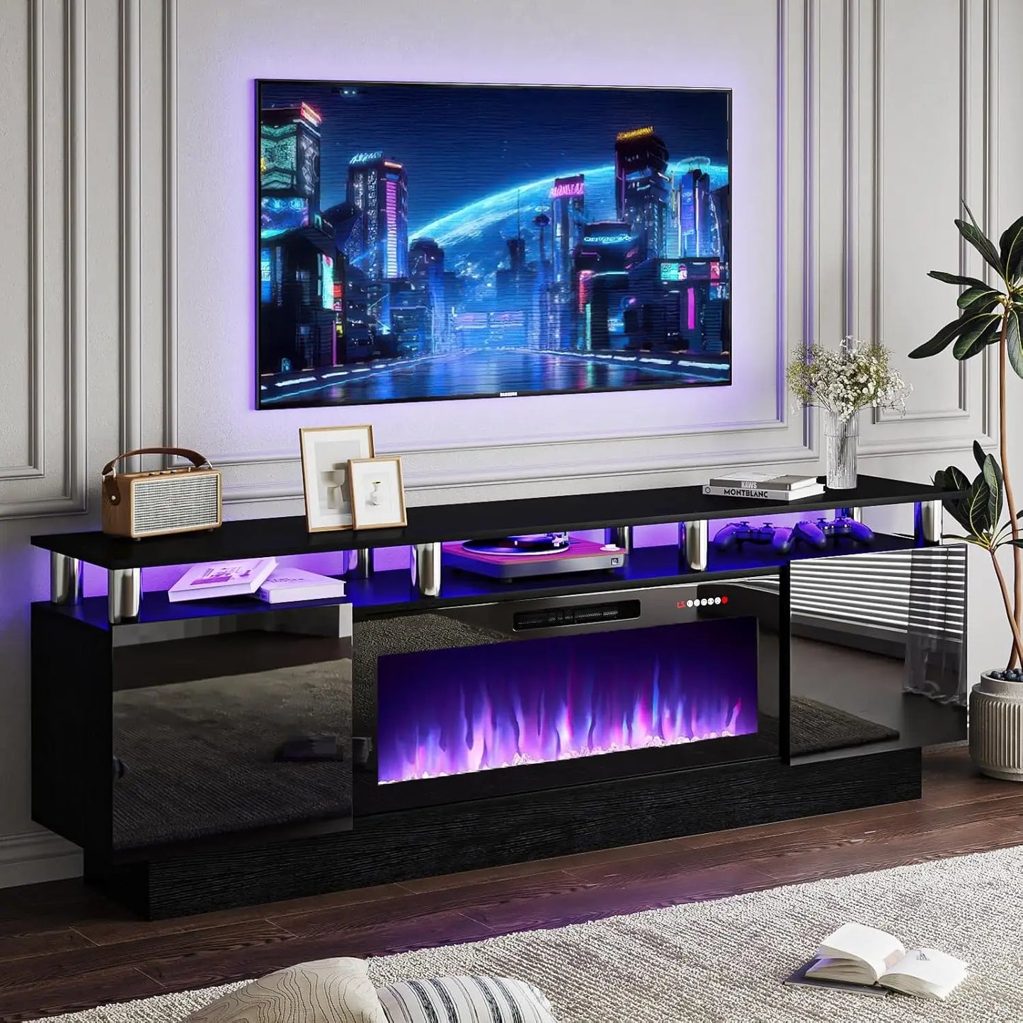 70" Modern Fireplace TV Stand with 36" Electric Fireplace for TVs Up to 80 inch, Luxury LED Light Entertainment Center with High