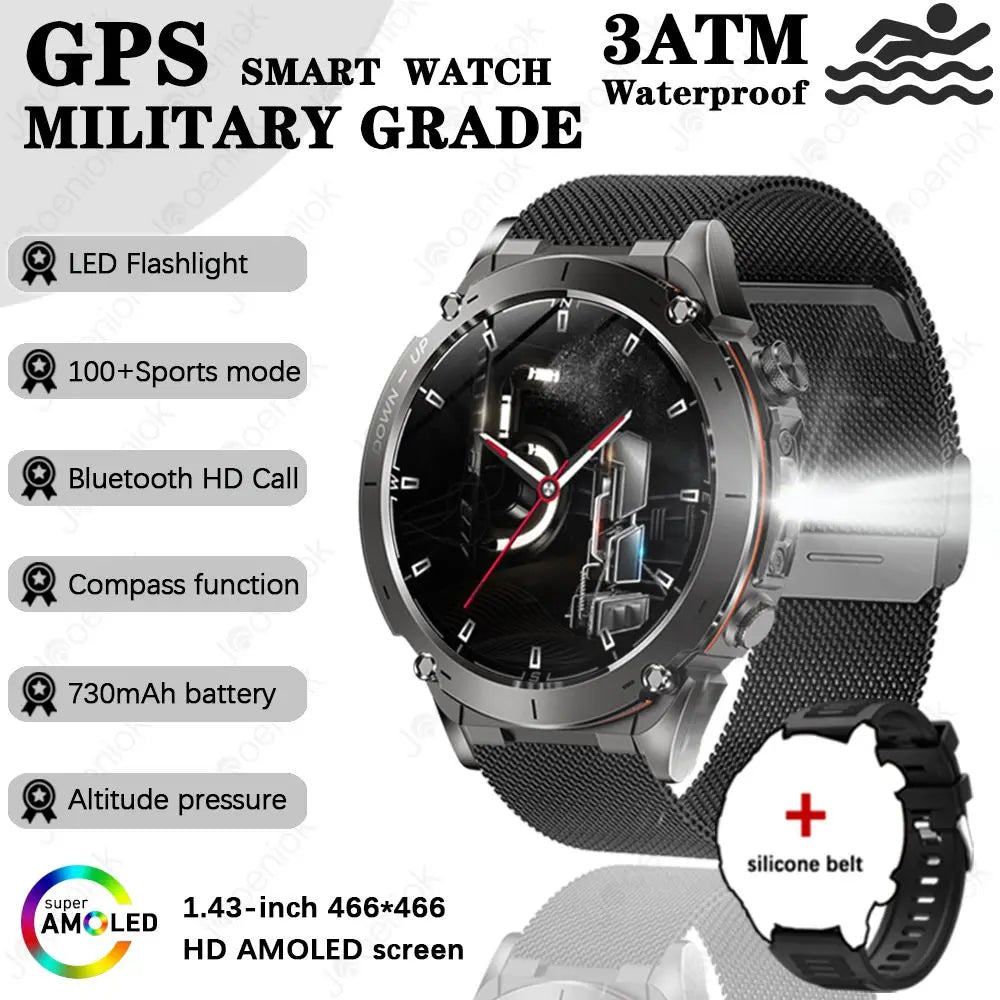 Outdoor Smart Watch 466*466 AMOLED Full Touch Screen 5ATM Waterproof GPS 730mAh High Battery Compass 170+ Sports Modes For Men