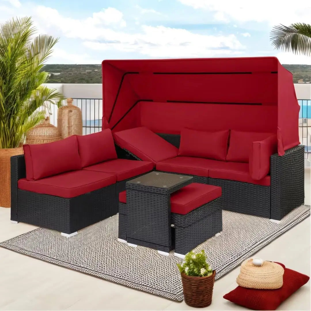 7 Pieces Patio Furniture Sets Daybed with Retractable Canopy,Rattan Sectional Sofa Set, Wicker Patio Seating Chairs