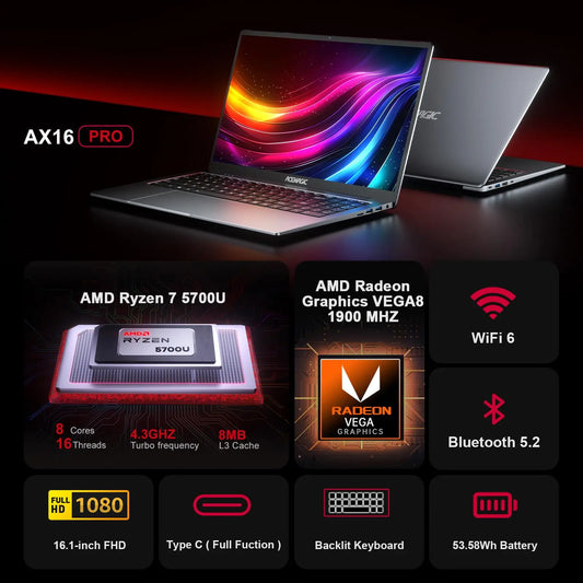 ACEMAGIC AX16Pro Gaming Laptop 16.1" IPS FHD AMD Ryzen™ 7 5700U Notebook 16GB DDR4+512GB PCI-E 53.58WH Windows 11 Computer