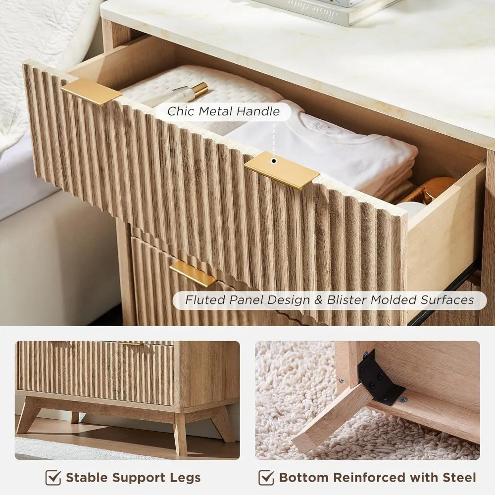 32" Tall Fluted Nightstand Set of 2, Modern Side Table with Faux Marble Top, 3 Drawers End Table w/Storage, Nightstands