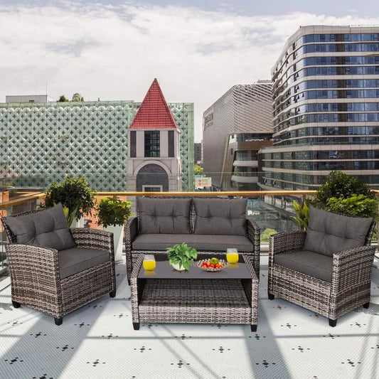 4 PCS Patio Wicker Conversation Furniture Set, Outdoor Rattan Sofa Set with Padded Cushion & Tempered Glass Coffee Table, Wicke