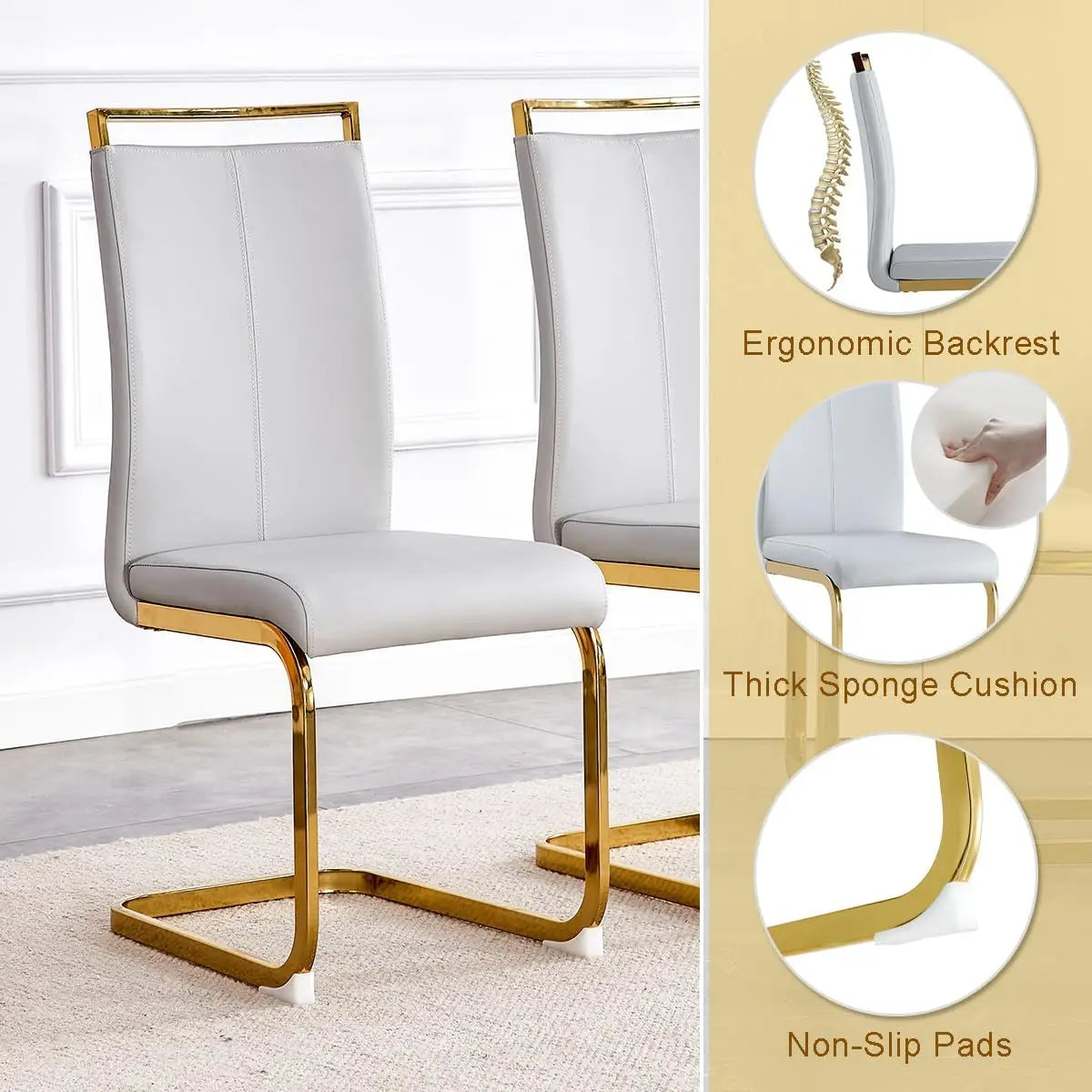 Marble Dining Table Set for 8 Modern Dining Room Table 71'' Large Glass Dinner Table and 8 Light Grey PU Chairs White and Gold