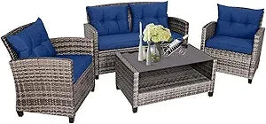 4 PCS Patio Wicker Conversation Furniture Set, Outdoor Rattan Sofa Set with Padded Cushion & Tempered Glass Coffee Table, Wicke