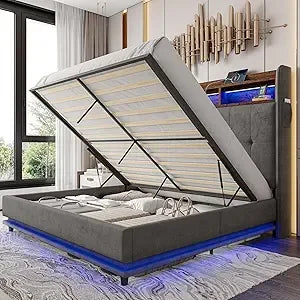 Jocisland Queen Size Bed Frame with Hydraulic Lift Up Storage, 53.1" H Built-in Bookcase & RGB LED Headboard, Velvet Upholstered