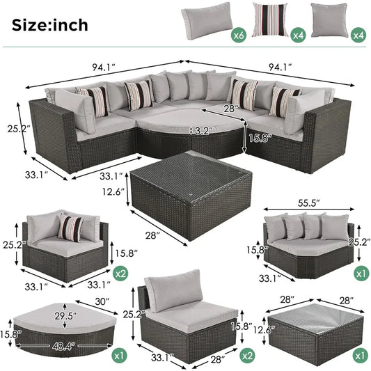 7-Piece Outdoor Patio Cushioned Half Moon Sofa Set with Colorful Pillows for Patio, Garden, Brown Wicker, Rattan Sectional Sofa