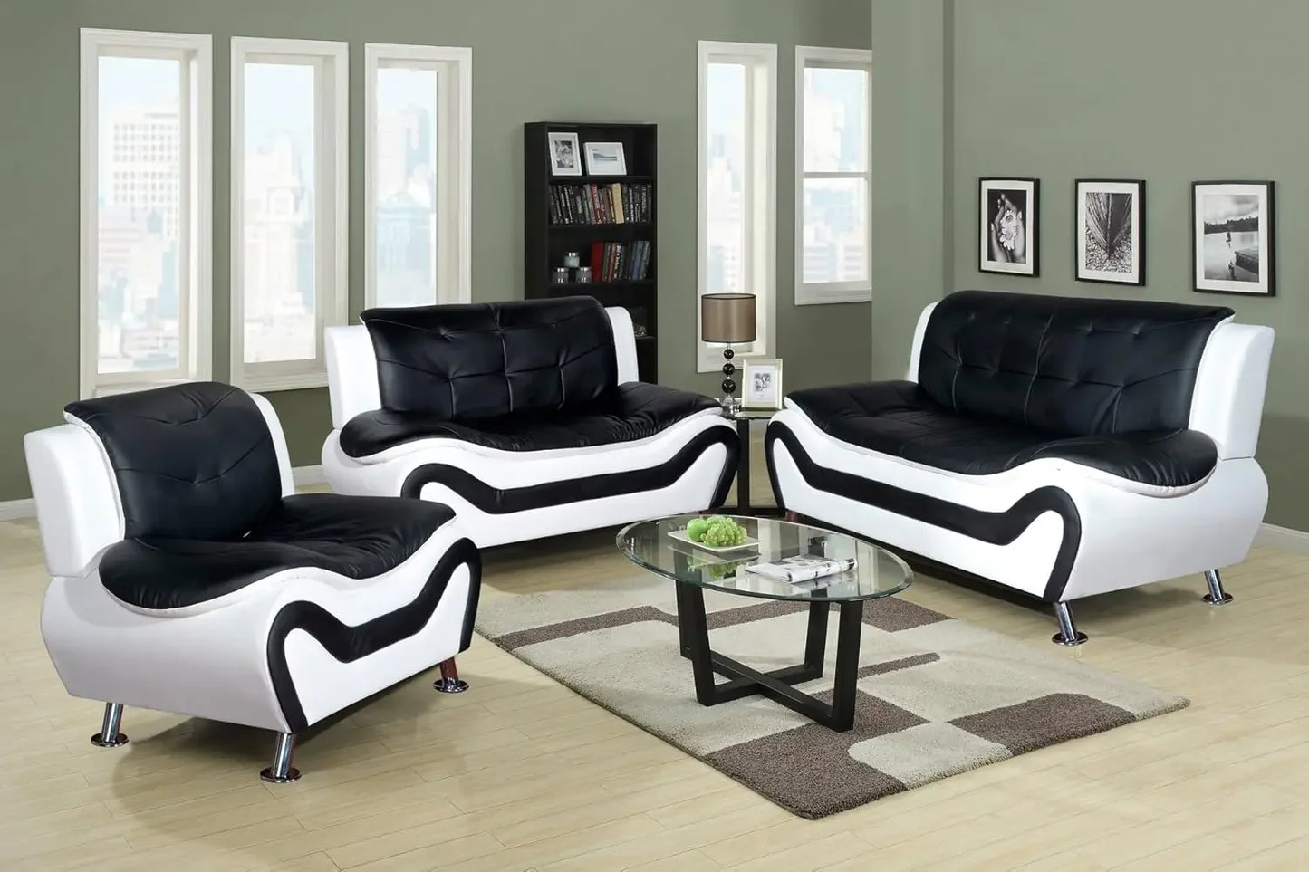 3-piece Modern Sofa Set, Black/white, 32.5 Inches Deep X 77.5 Inches Wide X 35 Inches High