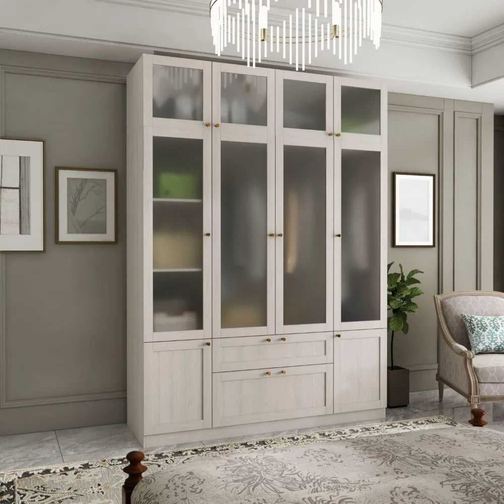 4 Door Wardrobe Armoire Closet, Bedroom Armoire with Frosted Glass Doors, Top Cabinets, Wardrobe