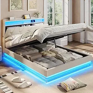 Fameill Full Size Lift Up Storage Bed Frame, Storage Headboard with Charging Station, LED Lights Upholstered Platform Bed, No Bo