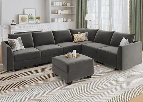 Sectional Sofa Velvet U Shaped Couch with Storage Oversized Modular Sectional Sofa Couch for Living Room Grey