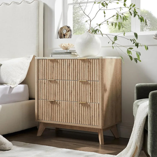 32" Tall Fluted Nightstand Set of 2, Modern Side Table with Faux Marble Top, 3 Drawers End Table w/Storage, Nightstands