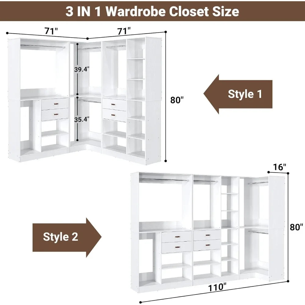 Freestanding Closet System with 3 Sets,110'' Reversible Stand-alone Wardrobe,80'' Height Cloth Garment Organizer, Walk-in Closet