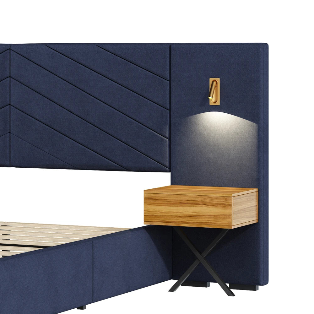 King Size Velvet Bed Frame/Vertical Channel Tufted Wingback Headboard/Upholstered Platform Bed/Strong Wooden Slats/No Box Spring