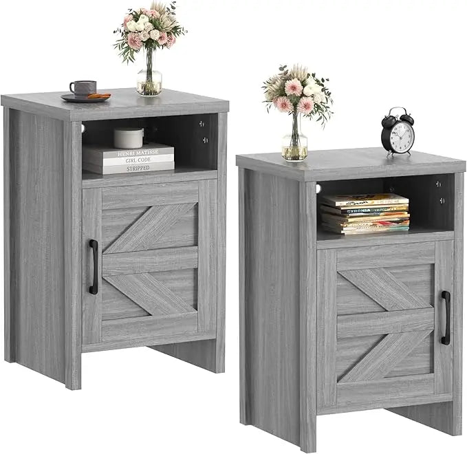 Farmhouse Nightstand Modern Bedside Table with Barn Door and Shelf, Rustic End Table Side Table for Bedroom, Living Room