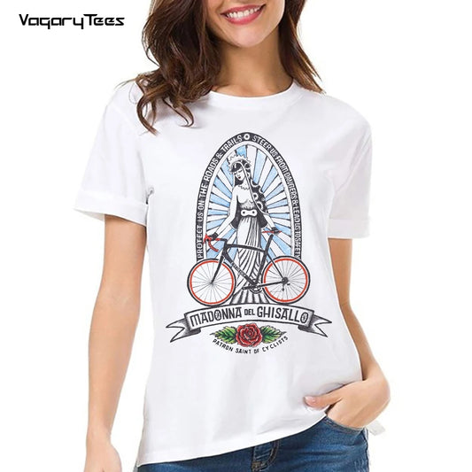 Retro Bless Bikes Madonna Del Ghisallo The Patron Saint of Cycling T-Shirt Women Short Sleeve Girl Tops Bicycle White Tees