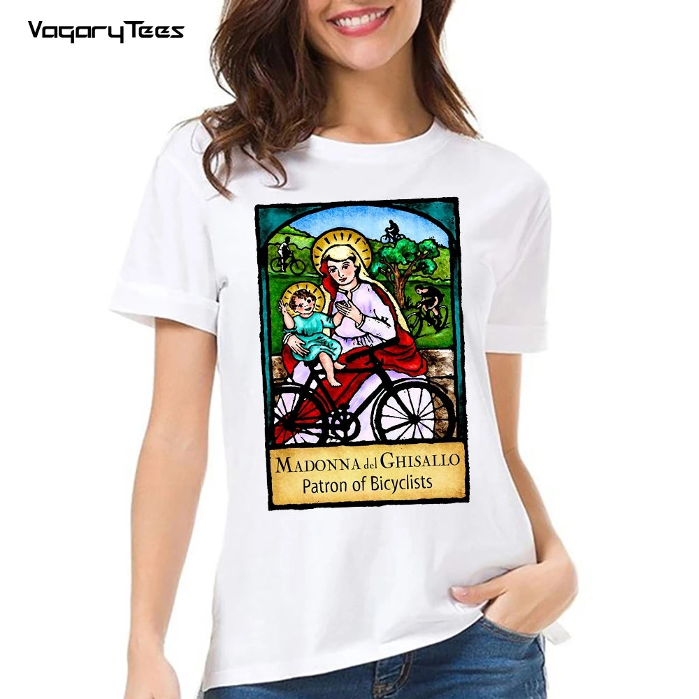 Retro Bless Bikes Madonna Del Ghisallo The Patron Saint of Cycling T-Shirt Women Short Sleeve Girl Tops Bicycle White Tees