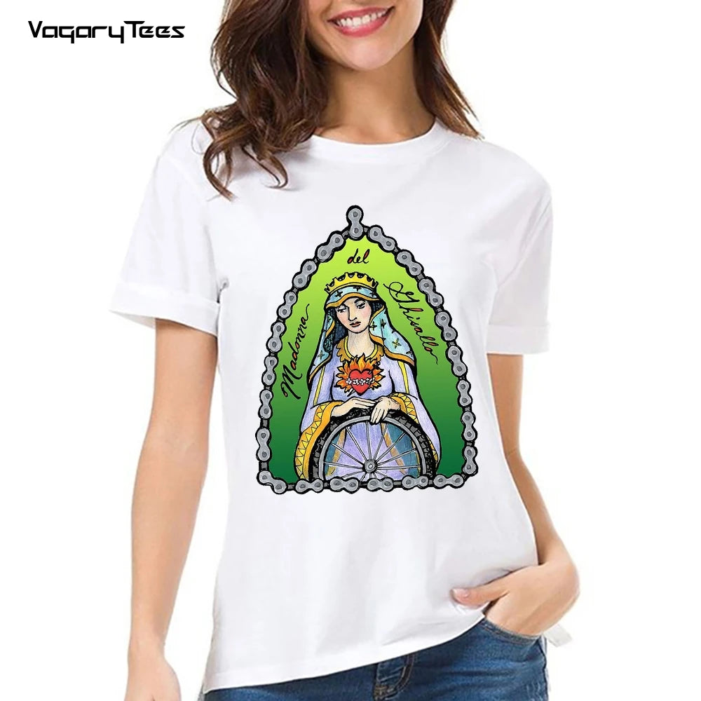 Retro Bless Bikes Madonna Del Ghisallo The Patron Saint of Cycling T-Shirt Women Short Sleeve Girl Tops Bicycle White Tees