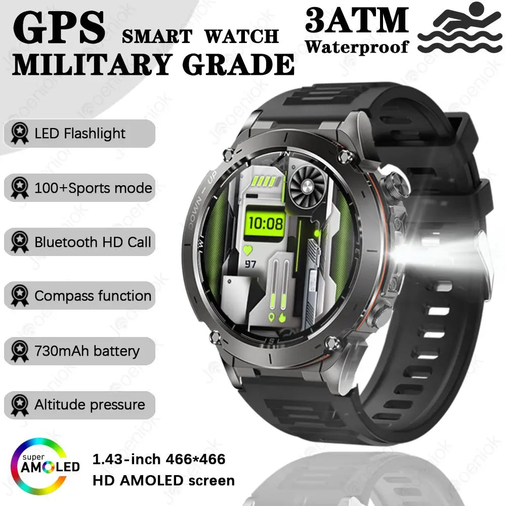Outdoor Smart Watch 466*466 AMOLED Full Touch Screen 5ATM Waterproof GPS 730mAh High Battery Compass 170+ Sports Modes For Men