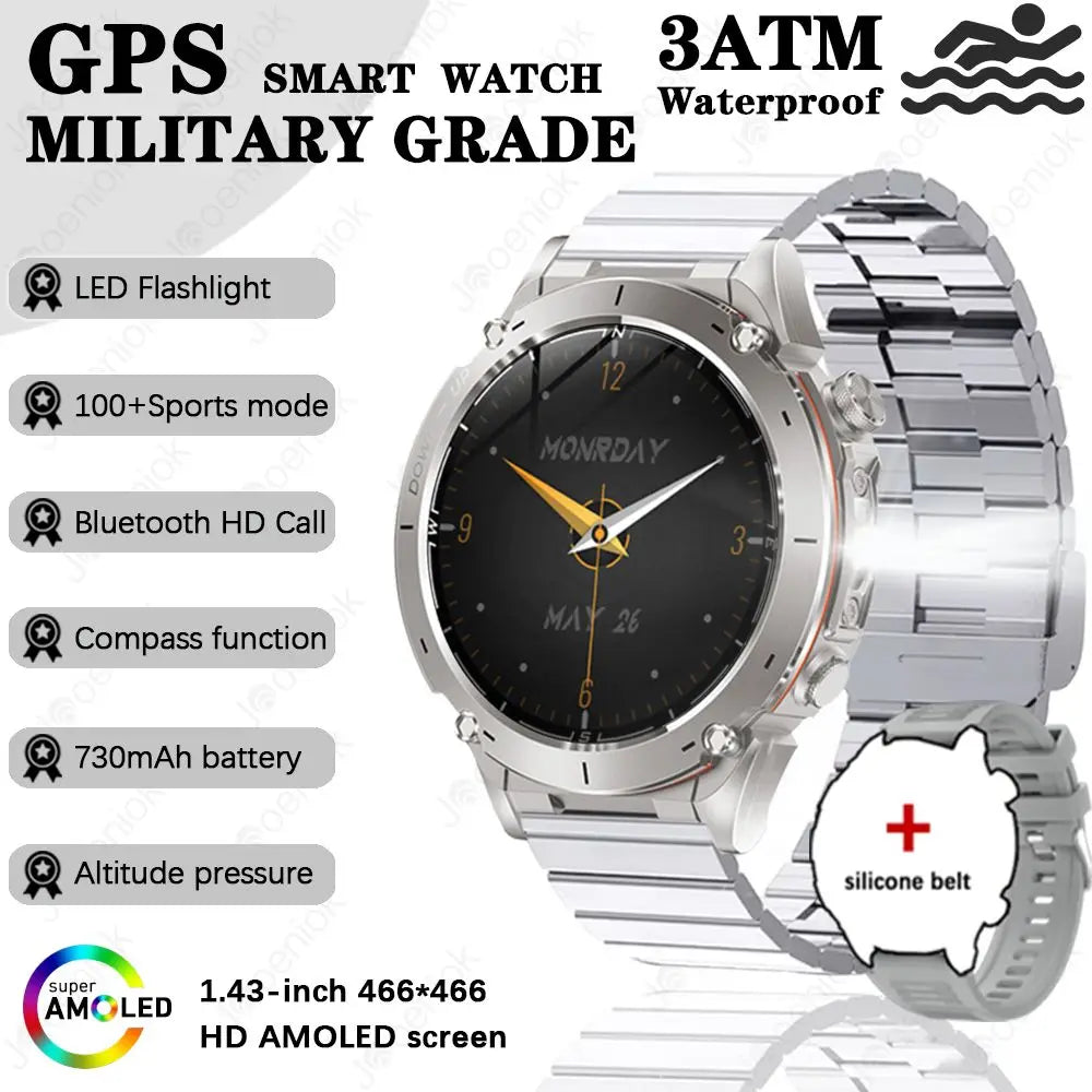 Outdoor Smart Watch 466*466 AMOLED Full Touch Screen 5ATM Waterproof GPS 730mAh High Battery Compass 170+ Sports Modes For Men