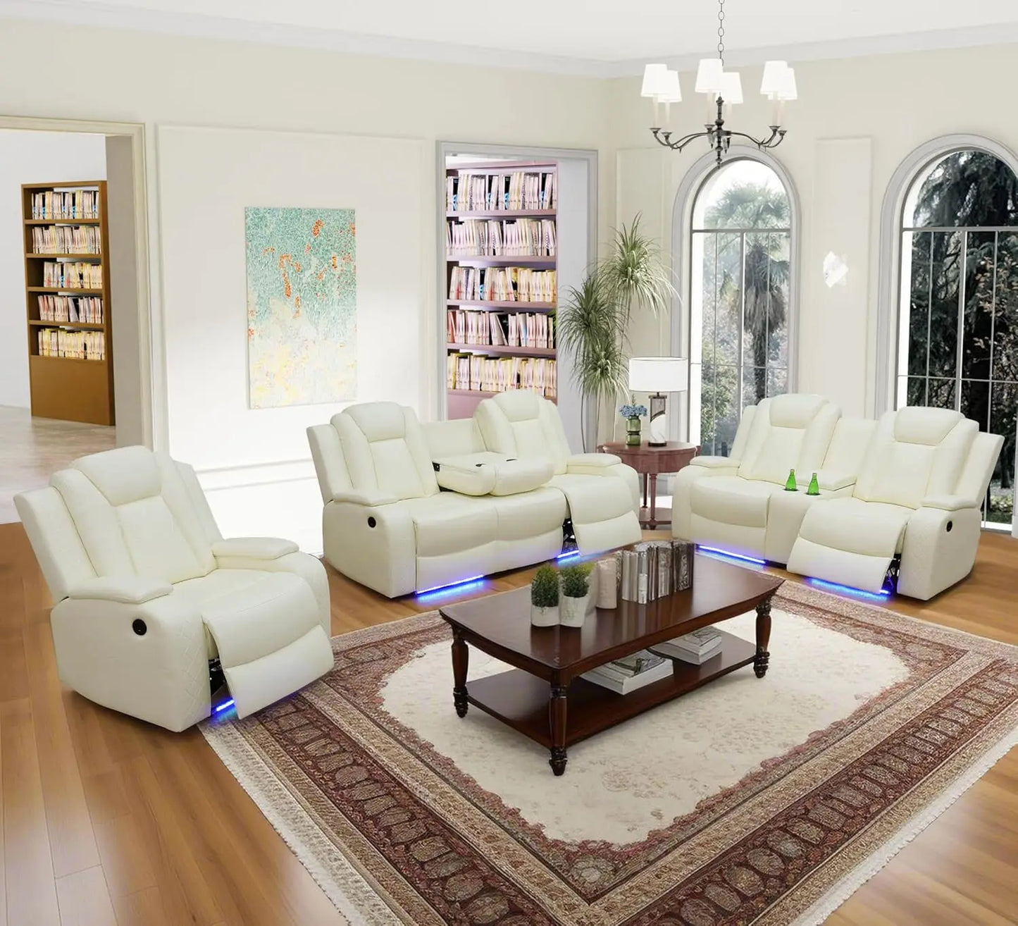 recliner.Leather Power Recliner Sofa Set with LED, Living Room Furniture Set, Leather Sofa Set with USB Port Storage Console Cup