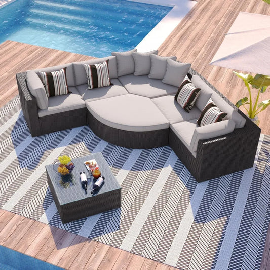 7-Piece Outdoor Patio Cushioned Half Moon Sofa Set with Colorful Pillows for Patio, Garden, Brown Wicker, Rattan Sectional Sofa