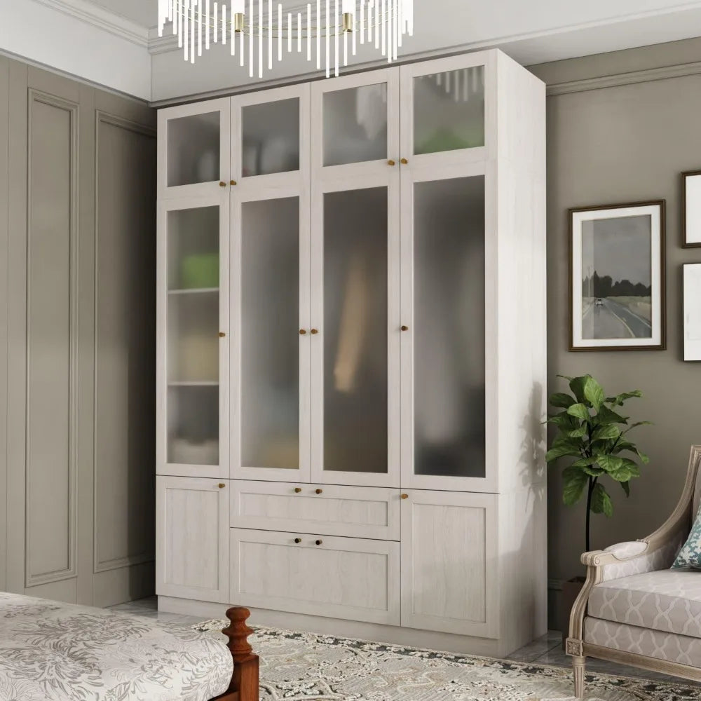 4 Door Wardrobe Armoire Closet, Bedroom Armoire with Frosted Glass Doors, Top Cabinets, Wardrobe