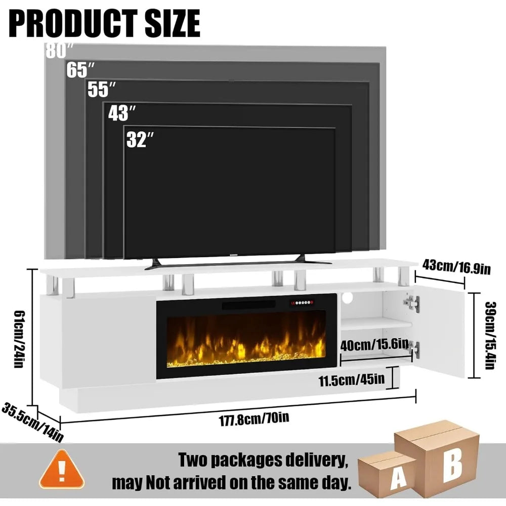 70" Modern Fireplace TV Stand with 36" Electric Fireplace for TVs Up to 80 inch, Luxury LED Light Entertainment Center with High