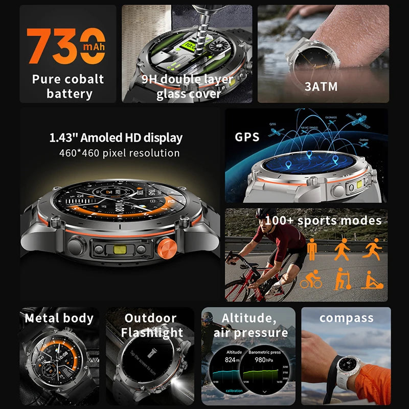 Outdoor Smart Watch 466*466 AMOLED Full Touch Screen 5ATM Waterproof GPS 730mAh High Battery Compass 170+ Sports Modes For Men