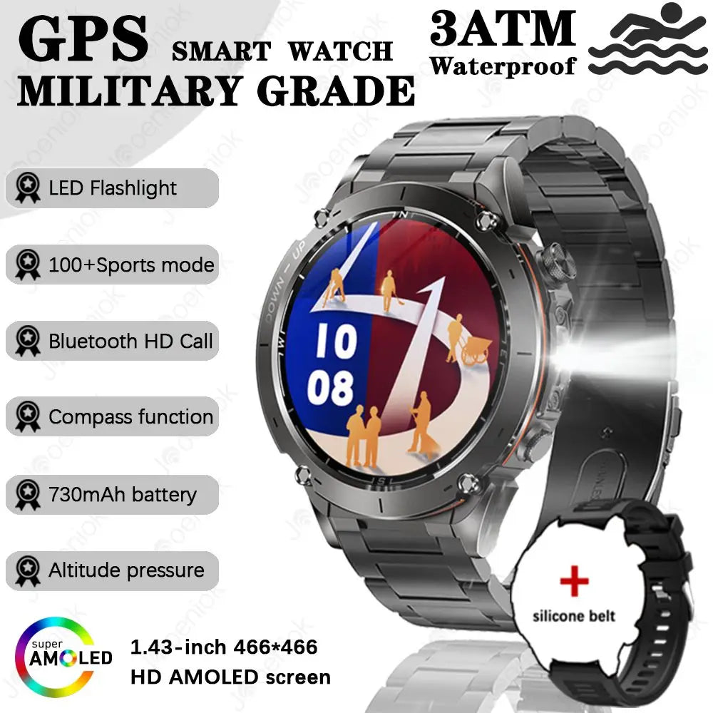 Outdoor Smart Watch 466*466 AMOLED Full Touch Screen 5ATM Waterproof GPS 730mAh High Battery Compass 170+ Sports Modes For Men