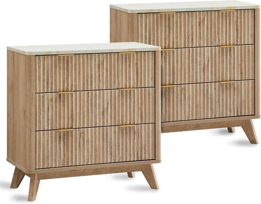 32" Tall Fluted Nightstand Set of 2, Modern Side Table with Faux Marble Top, 3 Drawers End Table w/Storage, Nightstands