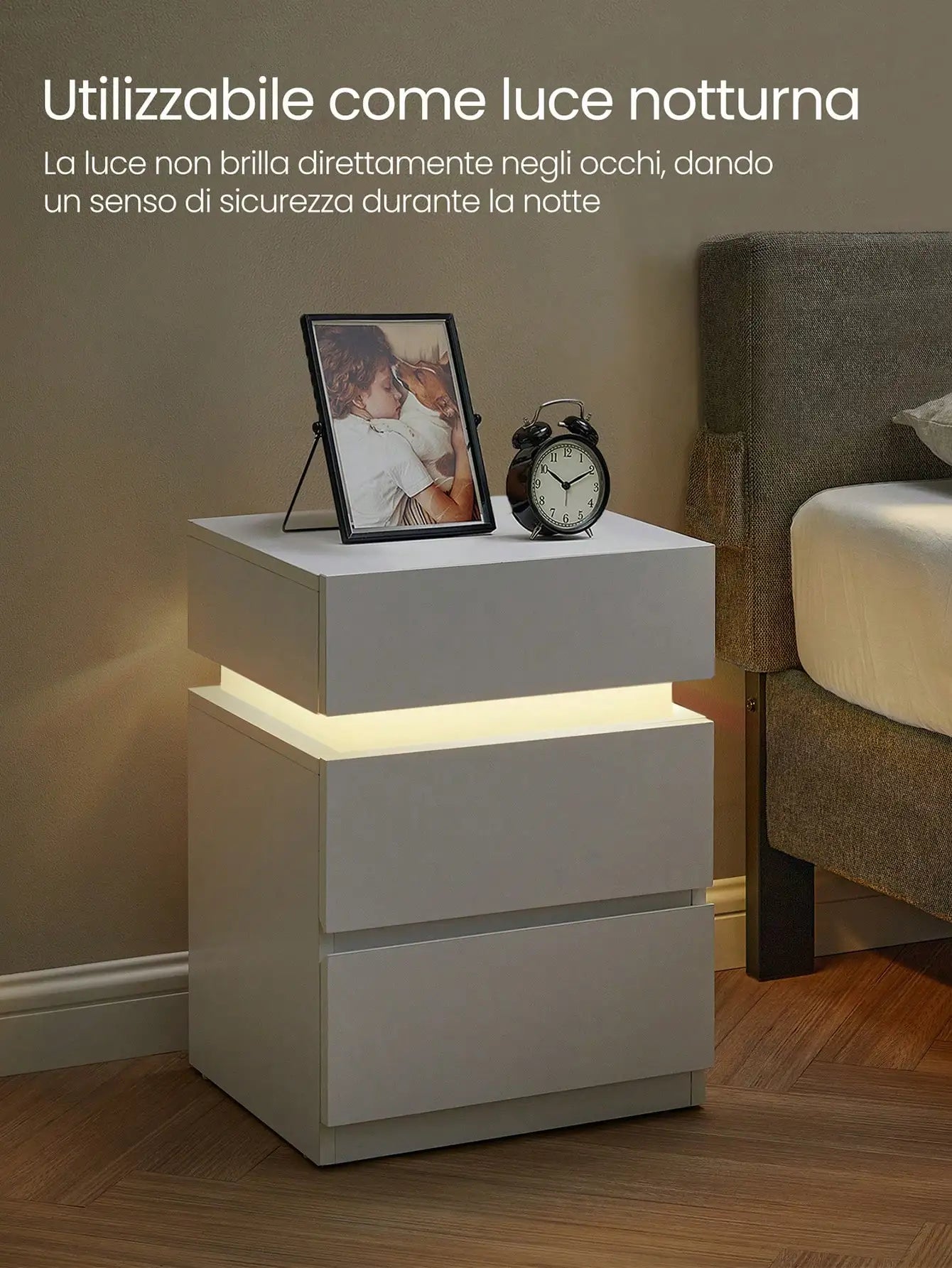 VASAGLE Bedside Table              with Variable Multicolour LED Light Strip, 3 Drawers, Side Table, Modern Style, 35 x 40 x 55 cm, White