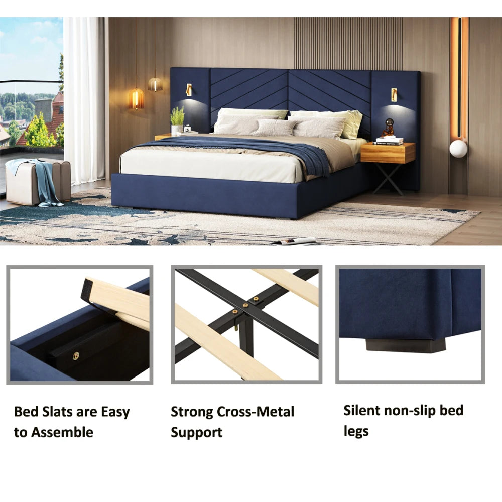 King Size Velvet Bed Frame/Vertical Channel Tufted Wingback Headboard/Upholstered Platform Bed/Strong Wooden Slats/No Box Spring