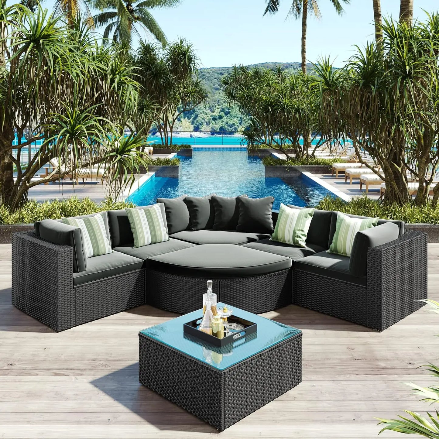 7-Piece Outdoor Patio Cushioned Half Moon Sofa Set with Colorful Pillows for Patio, Garden, Brown Wicker, Rattan Sectional Sofa
