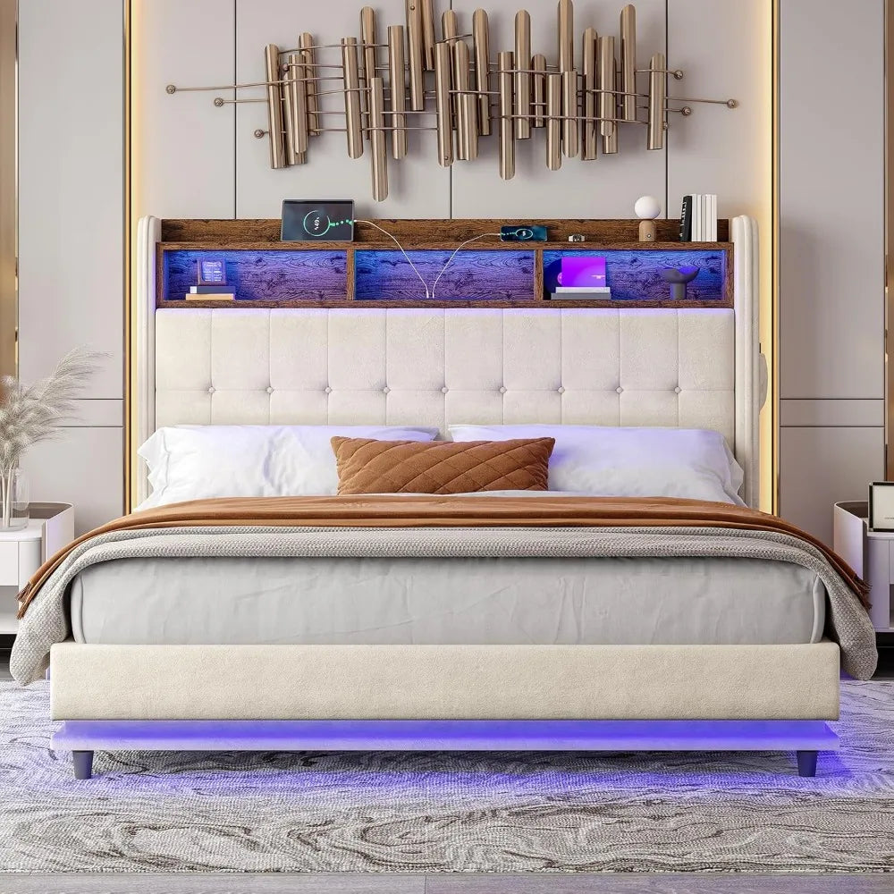 Jocisland Queen Size Bed Frame with Hydraulic Lift Up Storage, 53.1" H Built-in Bookcase & RGB LED Headboard, Velvet Upholstered