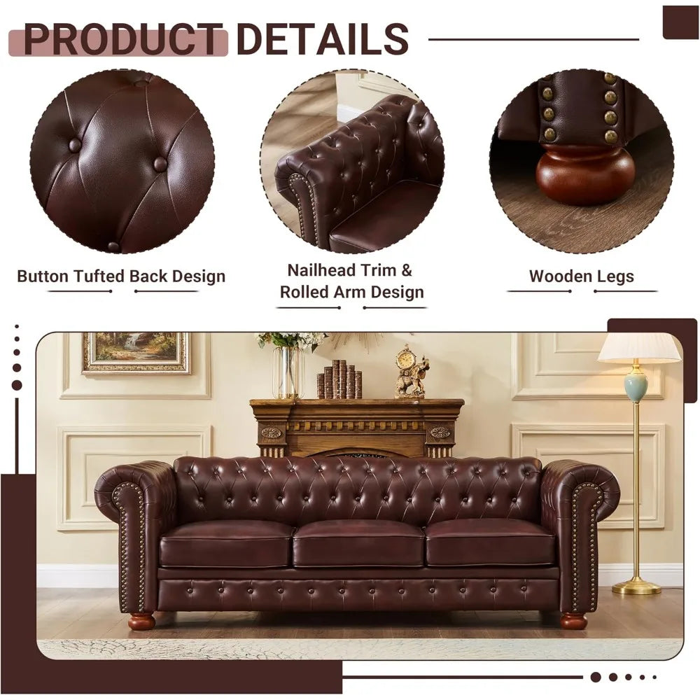 Chesterfield Sofa, 89" Faux Leather Sofa, Upholstered Sofa, Low Back, Rolled Arms Nailhead Trim, Classic 3 Seater Sofa