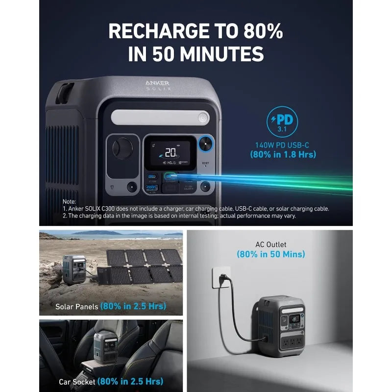 SOLIX C300 Portable Power Station Outdoor 288Wh LiFePO4 Battery, 300W (600W Surge) Solar Generator 140W Two-Way Fast Charging