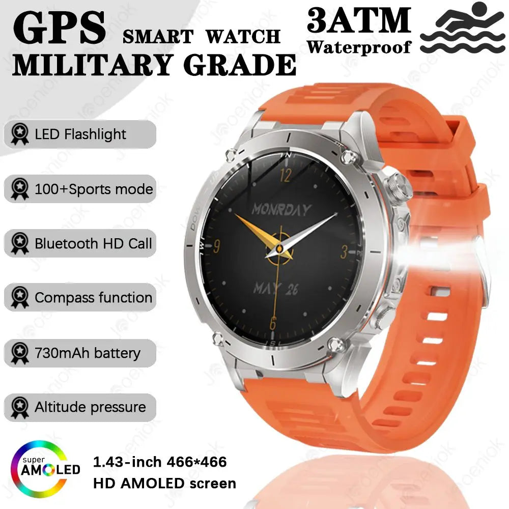 Outdoor Smart Watch 466*466 AMOLED Full Touch Screen 5ATM Waterproof GPS 730mAh High Battery Compass 170+ Sports Modes For Men