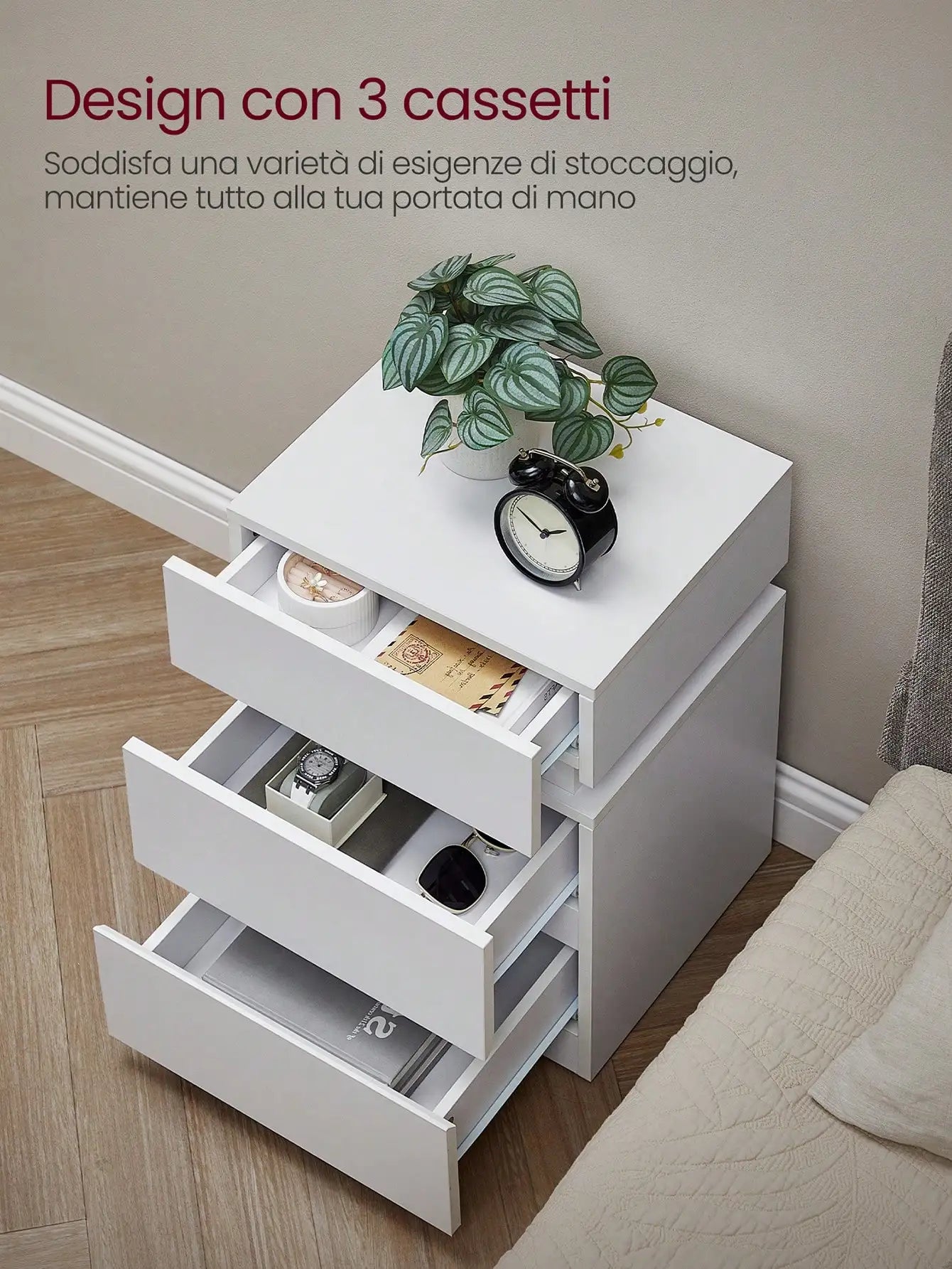 VASAGLE Bedside Table              with Variable Multicolour LED Light Strip, 3 Drawers, Side Table, Modern Style, 35 x 40 x 55 cm, White