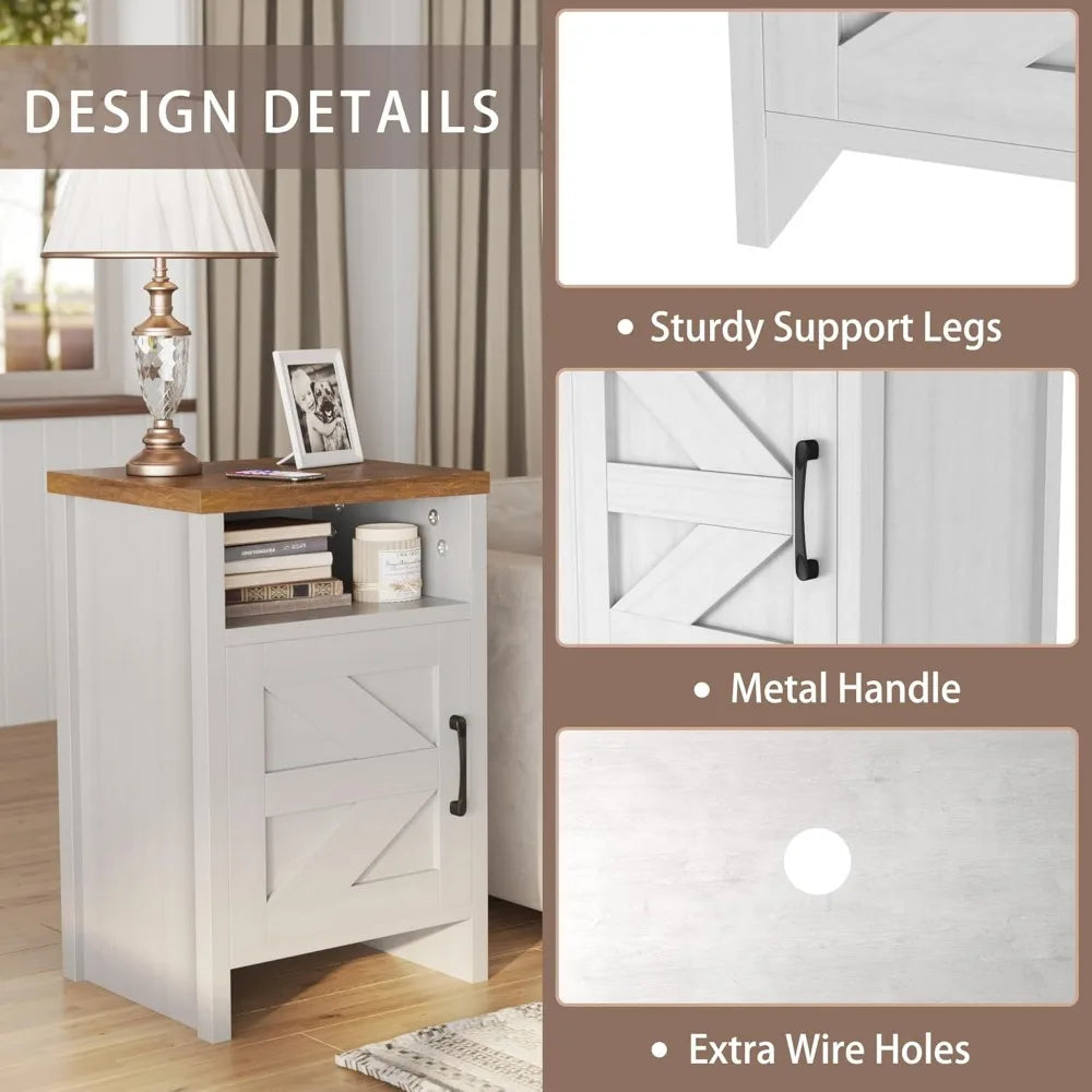 Farmhouse Nightstand                                     Modern Bedside Table with Barn Door and Shelf, Rustic End Table Side Table for Bedroom, Living Room