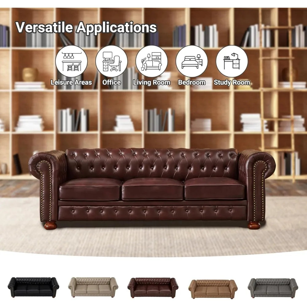 Chesterfield Sofa, 89" Faux Leather Sofa, Upholstered Sofa, Low Back, Rolled Arms Nailhead Trim, Classic 3 Seater Sofa