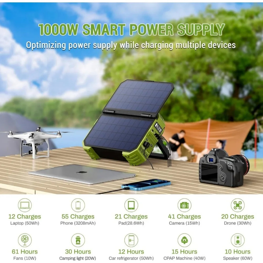 Portable Power Station 1000W with Built-in Solar Panel, 614WH/192000mAh LiFePO4 Battery Pack, Solar Generator