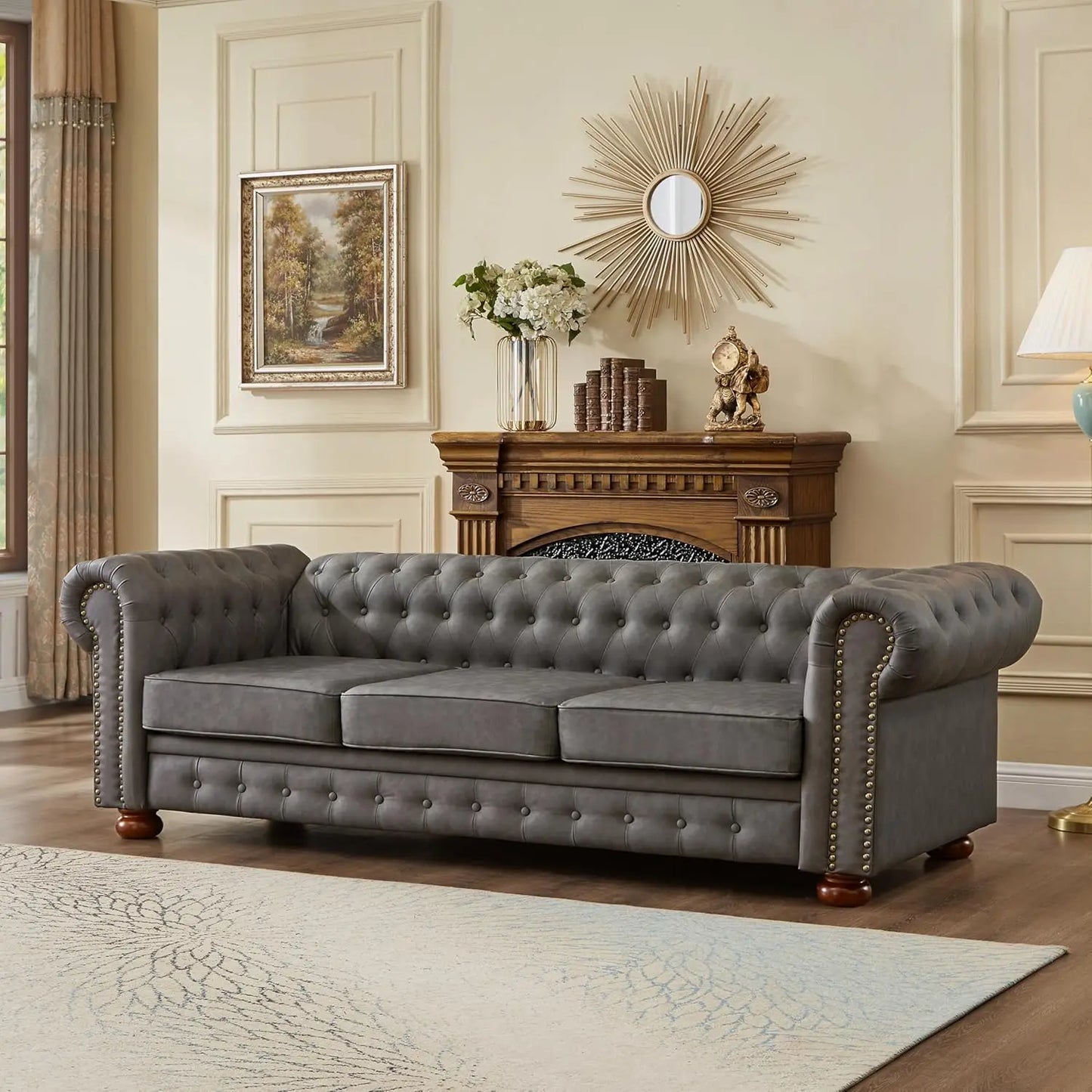 Chesterfield Sofa, 89" Faux Leather Sofa, Upholstered Sofa, Low Back, Rolled Arms Nailhead Trim, Classic 3 Seater Sofa