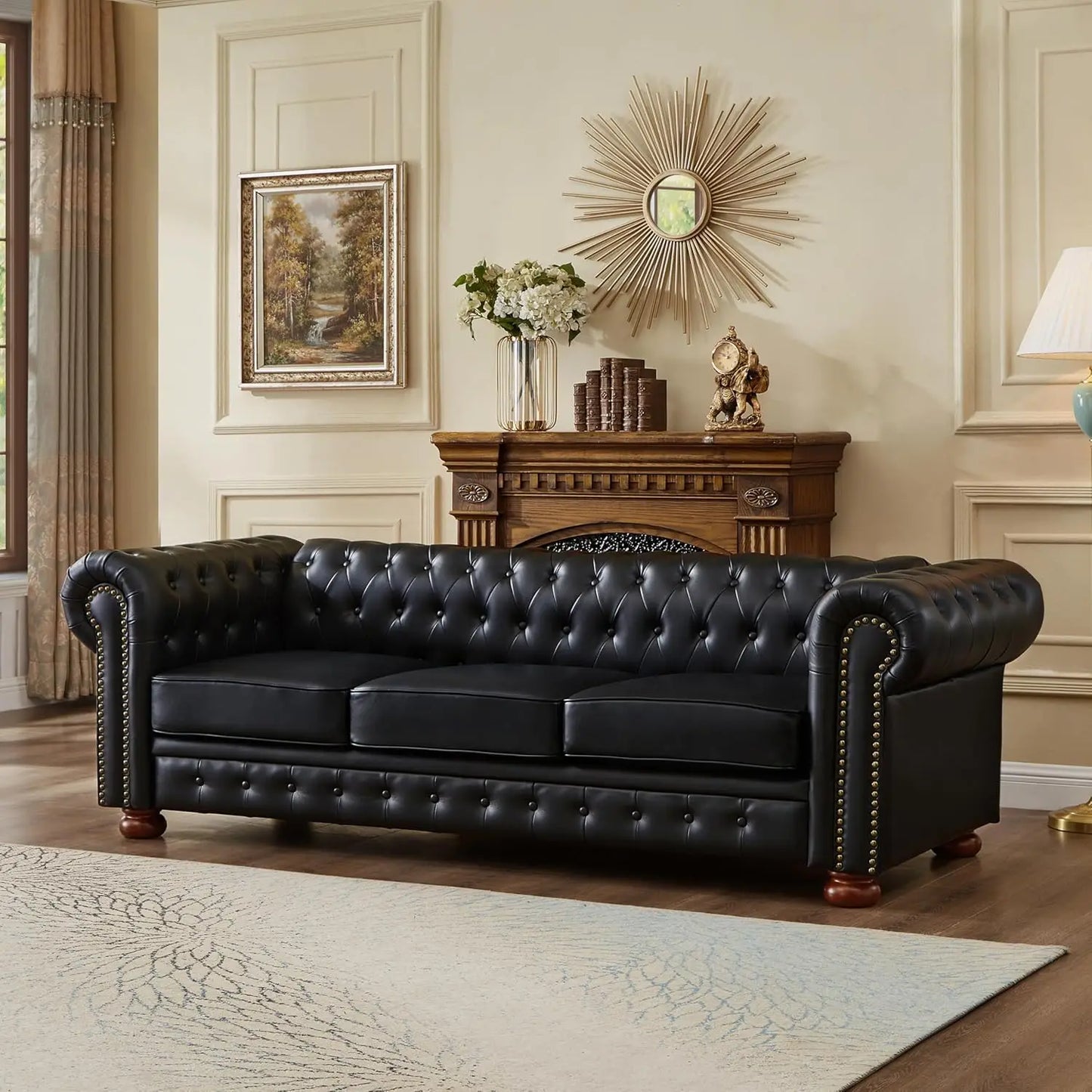 Chesterfield Sofa, 89" Faux Leather Sofa, Upholstered Sofa, Low Back, Rolled Arms Nailhead Trim, Classic 3 Seater Sofa
