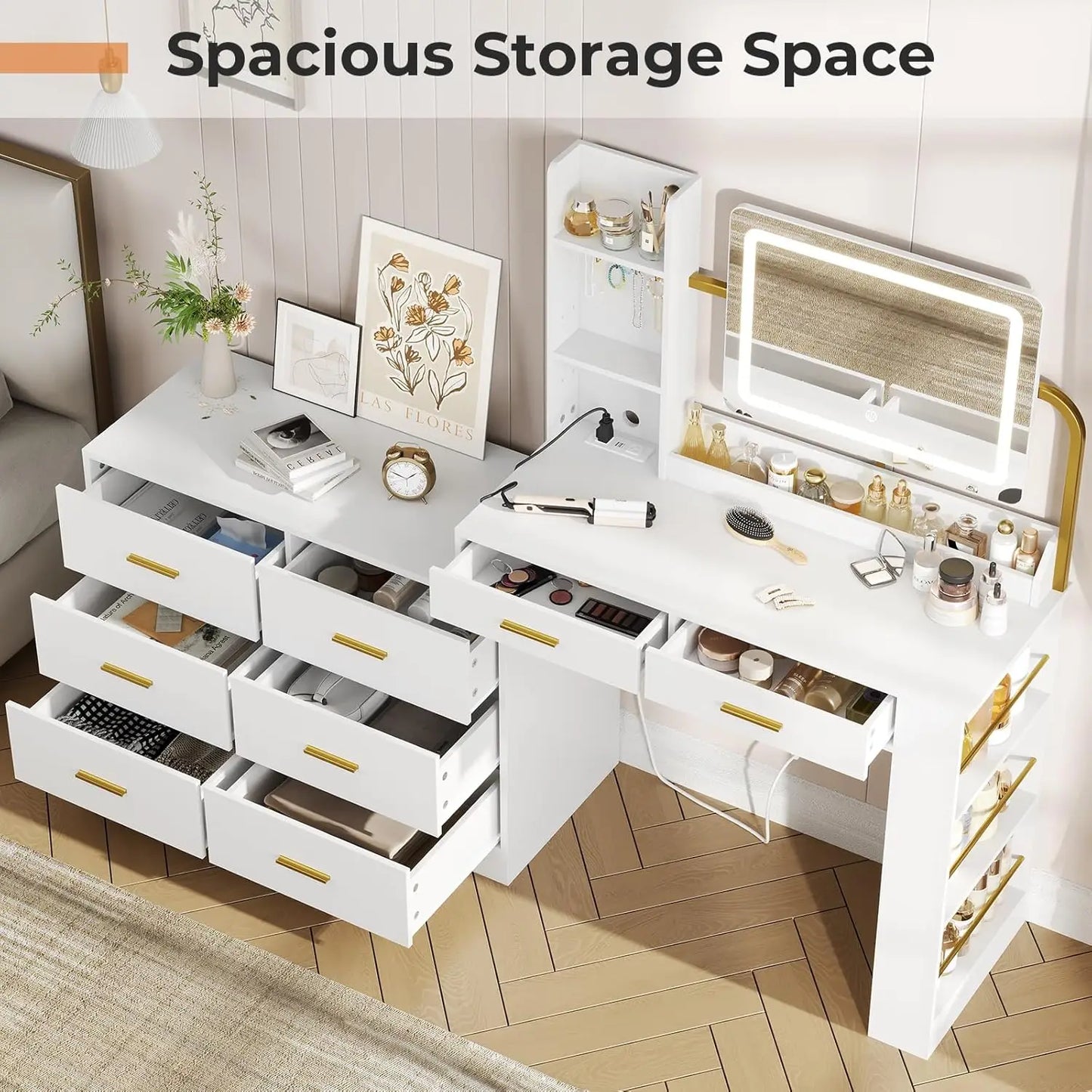 Vanity Desk w/ Mirror & Lights, White Makeup Dressing Vanity Table w/ Charging Station, 8 Drawers, 3 Tiers Tabletop Shelves