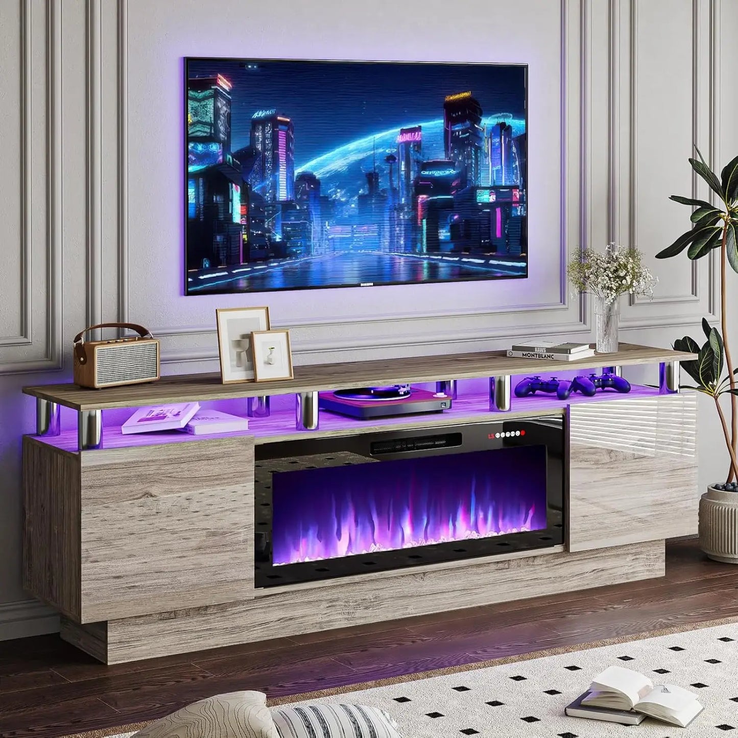 70" Modern Fireplace TV Stand with 36" Electric Fireplace for TVs Up to 80 inch, Luxury LED Light Entertainment Center with High