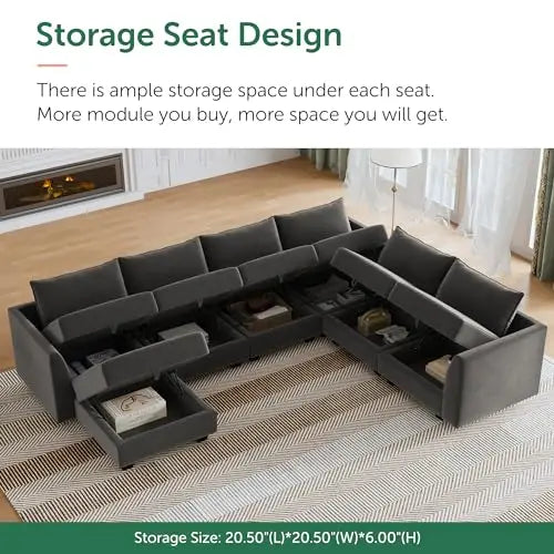 Sectional Sofa Velvet U Shaped Couch with Storage Oversized Modular Sectional Sofa Couch for Living Room Grey