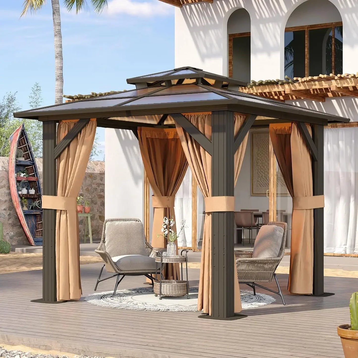 10'x12' Hardtop Gazebo, Aluminum Frame Permanent Pavilion with Curtains, Outdoor Polycarbonate Gazebo, Double Roof Canopy