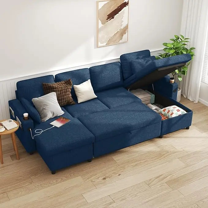 104.3'' U shape Sofa Bed Pull Out Couch Sleeper w/ Double Storage Chaise, U Shaped Convertible Sectional Sleeper Sofa